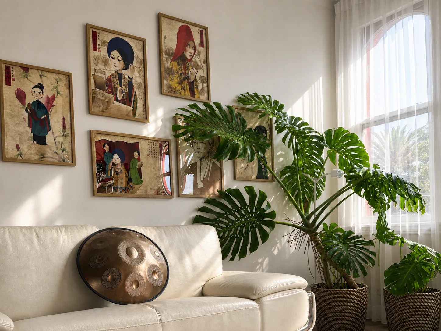 Mystic Wellness studio rental lounge with artwork, monstera plants, and handpan in Petersham